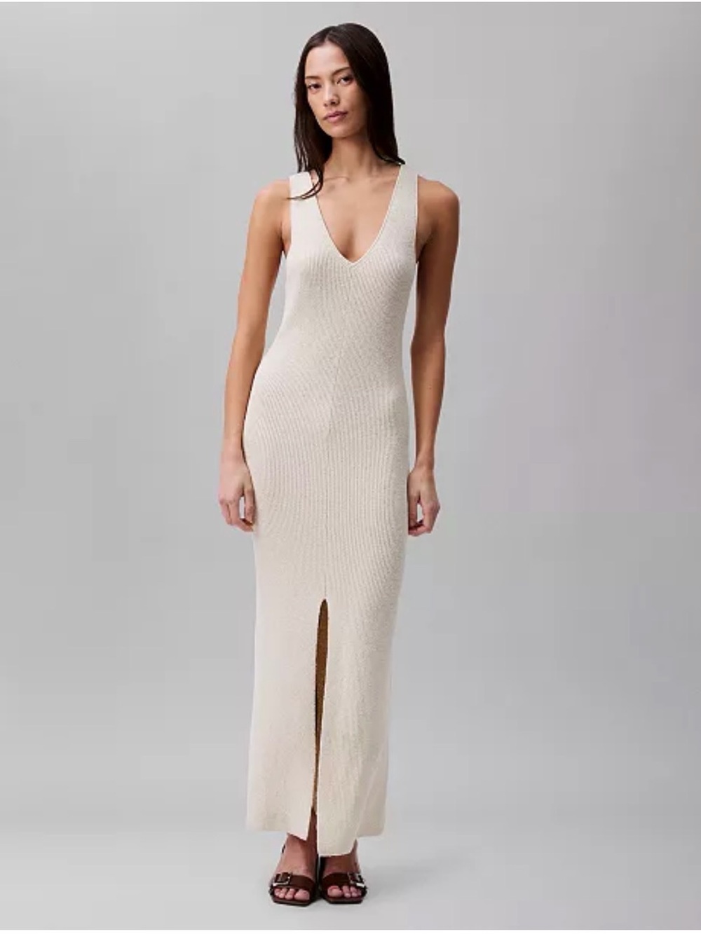 Calvin Klein Jeans Cream Ribbed V-Neck Maxi Dress with Front Slit